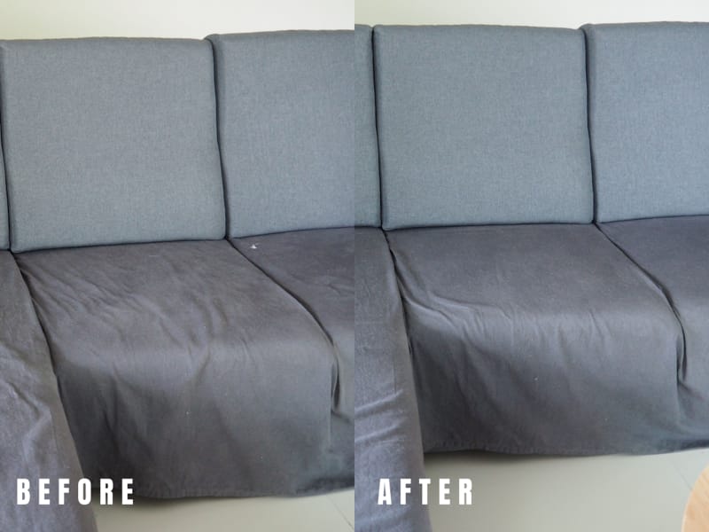 Before And After Of Using The Corvan K18 On A Sofa Covered With Cat Fur