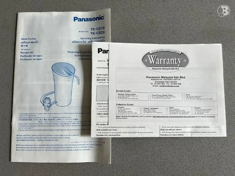 Manual And Warranty Card For The Panasonic Water Purifier TK-CS20